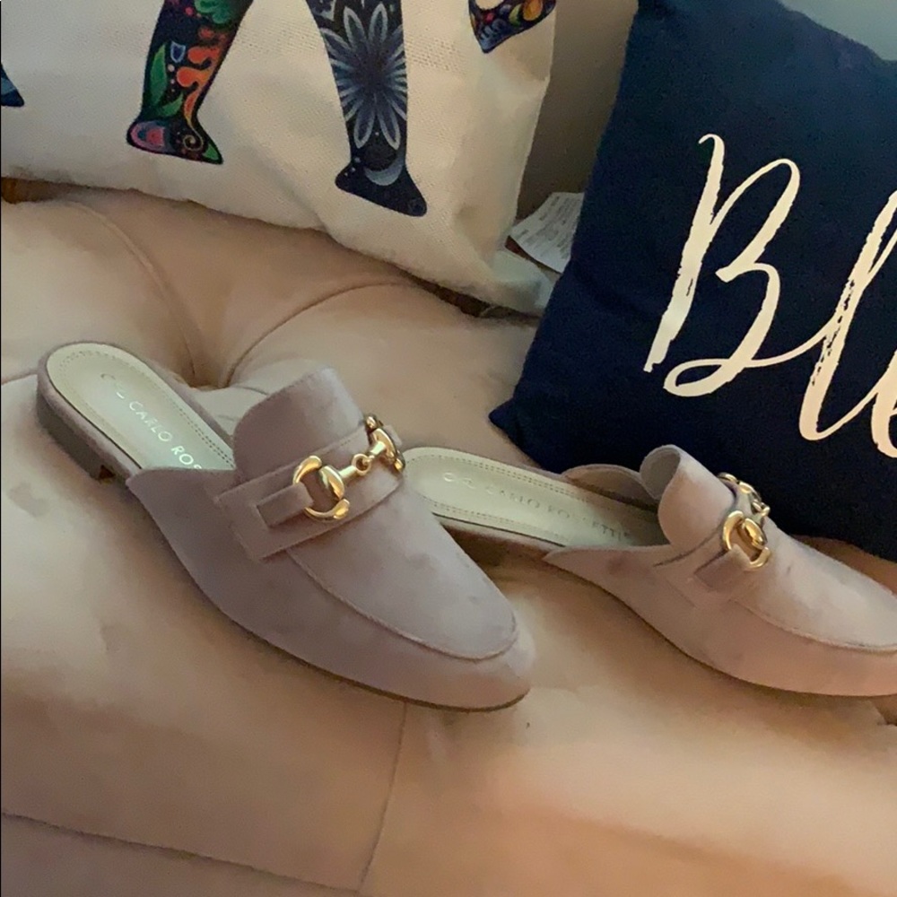 Pale pink suede loafer slides